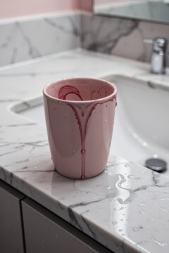 Pink mug with spilled drink and droplets on marble bathroom countertop near sink