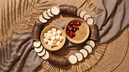 Fototapeta premium Top view new yam celebration table with calabash bowls and palm shadows