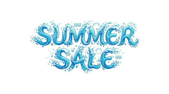 Summer Sale Creative Water Splash Typography and Liquid Wave Lettering Design on White Background, Blue Liquid Water Splashes with dynamic Bubbles, Seasonal Marketing Campaigns and Holiday Events. 