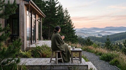 Fototapeta premium Low Impact Forest Cabin Terrace Morning Retreat Eco Travel Scene