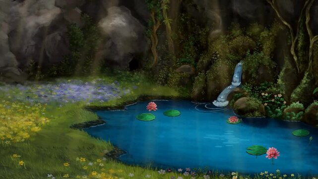 2d animated Beautiful blue water pond filled with blooming pink water lilies and a small flowing waterfall. Beautiful graphic cartoon backdrop scenery ideal for multiplatform content developers,
