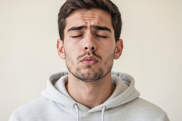 Obraz premium Young man with eyes closed practicing calm focus and self discipline for motivation