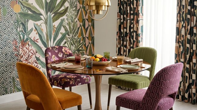 Eclectic dining nook with mixed chairs colorful table styling
