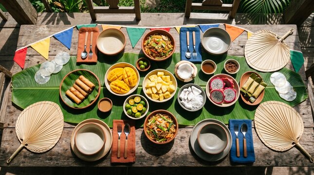 Philippine Barrio Fiesta Table Flat Lay With Tropical Fruit And Fans