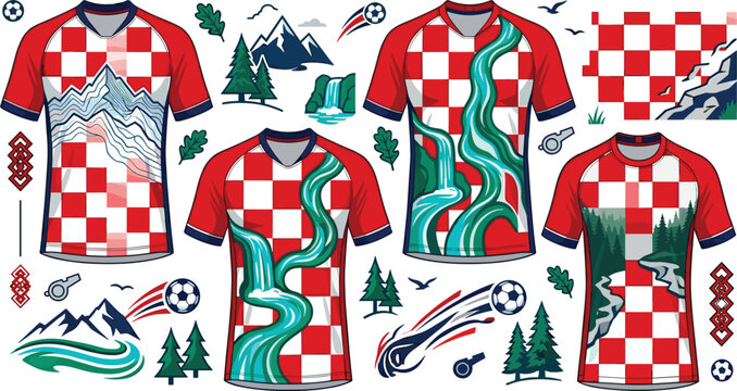 Croatia football jersey kit mockup vector set with red white checkerboard pattern mountains rivers pine trees and national team elements