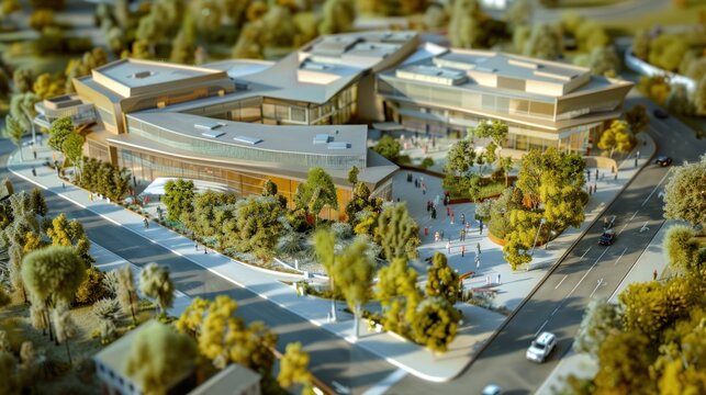A miniature model of a modern school building surrounded by lush greenery and a paved road. The scene is bright and sunny, highlighting the architectural details and the serene environment.