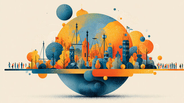 Digital global economy and net neutrality concept with interconnected world map and cityscape illustration