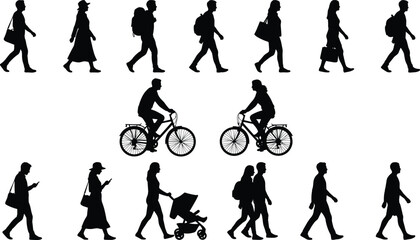 Obraz premium Silhouette collection of active people walking riding bicycles and pushing a baby stroller isolated on a white background