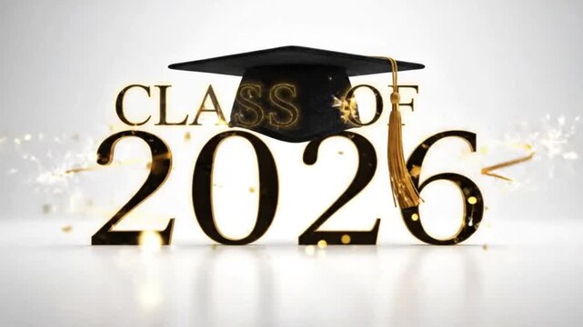 Outline 2026 glowing into focus with dropping graduation cap and sparkling class of script, soft studio white background, elegant class of 2026 animation

