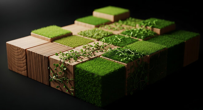 A collection of wooden blocks with grass and plants on a dark background