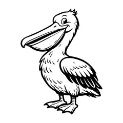 Fototapeta premium Pelican bird cartoon character with a large beak and webbed feet, standing and looking friendly. Outline illustration for kids