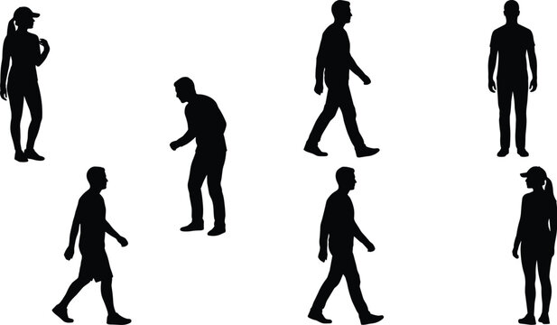 Silhouette collection of diverse casual men and women walking standing and bending over isolated on a white background