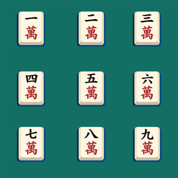 Mahjong character suit tiles one to nine flat vector illustration