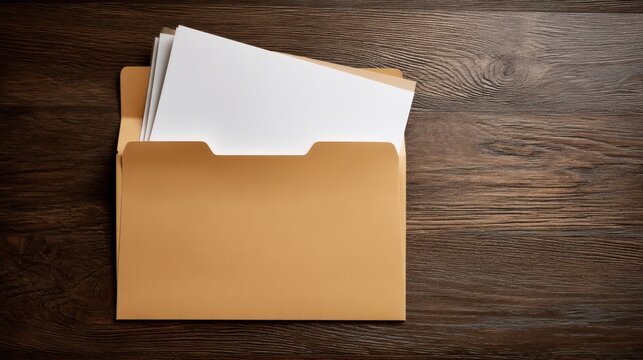 Brown manila file folder with white papers on dark wooden office desk background