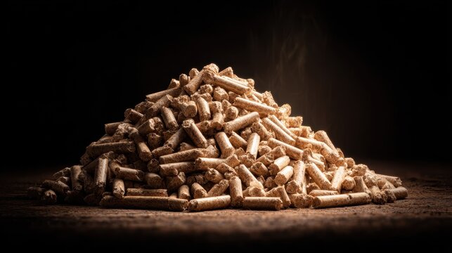 Pile of Natural Wood Pellets on Dark Background Highlighting Raw Material for Heating, Fuel, and Eco-Friendly Applications