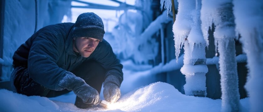 Man working in snowy conditions at night cold weather frozen pipes repair