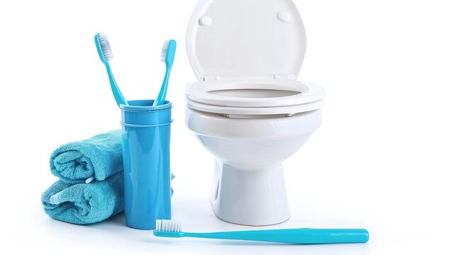A white toilet with a blue toothbrush holder and a blue towel beside it, emphasizing hygiene and daily routines.