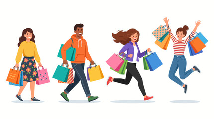 Obraz premium Group of happy shoppers carrying colorful bags and jumping for joy