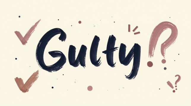 Abstract Brush Stroke Art Featuring the Word Guilty with Question Marks and Check Marks