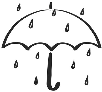 Simple black hand drawn umbrella with raindrops illustration for rainy day, monsoon season, weather forecast, and seasonal design.