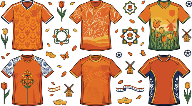 Netherlands football jersey kit design vector bundle featuring bright orange shirts vibrant tulip flowers traditional windmills and wooden clogs doodles