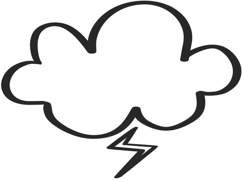 Simple black hand drawn storm cloud with lightning illustration for thunderstorm, severe weather warning, and forecast design.