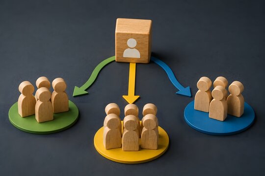 Organizational structure diagram with a leader and three subordinate groups, representing hierarchy and management.