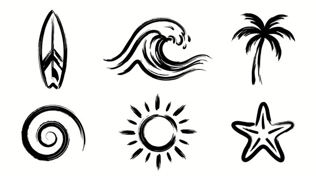 Hand drawn summer surf icons with wave palm tree sun and surfboard
