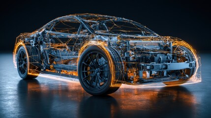 Naklejka premium A complex blueprint wireframe glowing over a physical metallic car chassis. An augmented reality concept for automotive engineering and product planning.