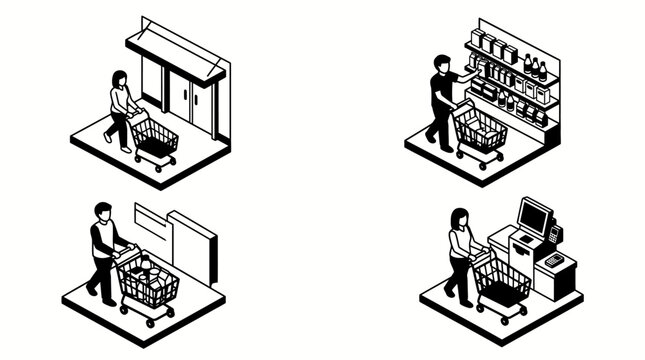 Isometric supermarket shopping scenes with customers and carts