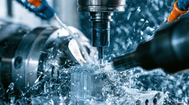 Extreme close-up of an advanced high-speed CNC machine precisely milling a solid block of aluminum, with flying metal shavings and cutting fluid splashing.