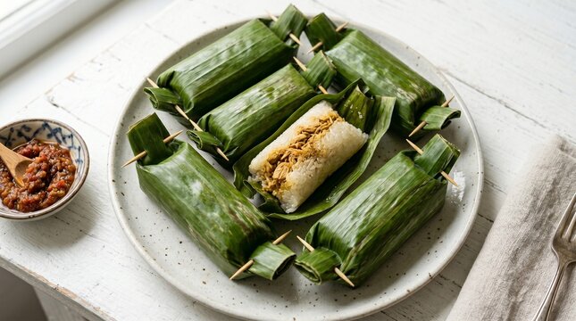 A detailed close-up shot of Indonesian lemper chicken rice cakes on a round plate, featuring one opened banana leaf pouch revealing glutinous rice and savory shredded chicken filling.