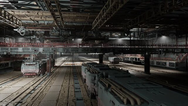 Pale dawn light across transit depot with trains, preparation lanes and overhead gantries, technicians prepping carriages offframe, subtle warm glow on steel,
