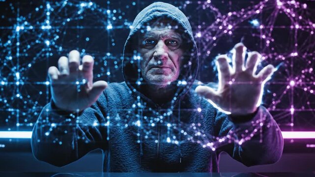 Hooded anonymous person manipulates glowing digital node network on a virtual interface, representing cybersecurity threats, data breaches, and advanced surveillance.