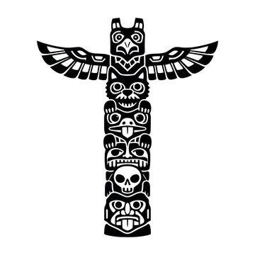 Indigenous totem pole carving featuring a thunderbird, bear, beaver, and skull, symbolizing ancestry, spirits, and tribal art