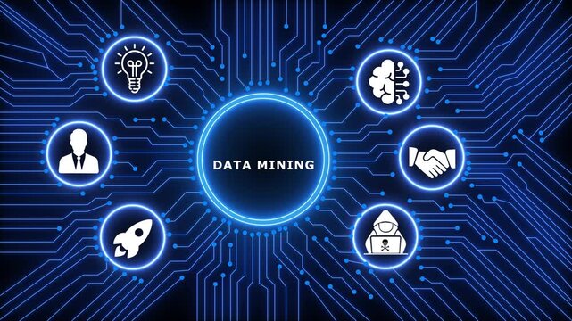 A glowing neon DATA MINING concept surrounded by smaller icons for ai and manufacturing process management all connected in a digital circuit like pattern.circuit lines and digital symbols. 4k