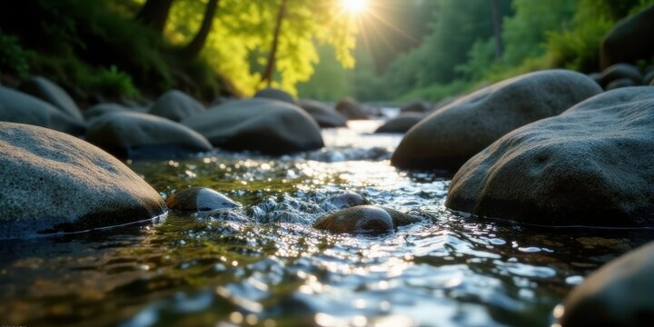 Serene stream flowing over smooth river rocks, bathed in the golden light of a setting sun, a tranquil and peaceful nature scene