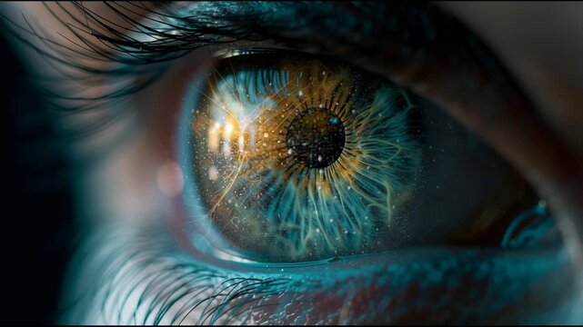 A human eye shows fine details with vivid colors and light reflections. The focus is on the iris and pupil as patterns change with lighting.