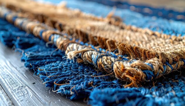 Close-up of a Woven Textile with Blue and Tan Threads and Fringes.