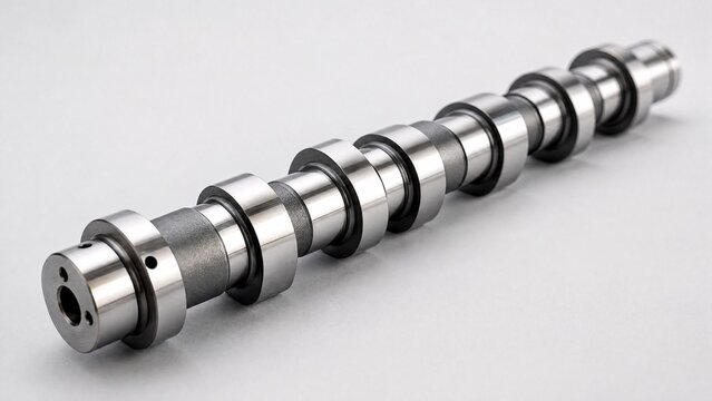 camshaft. A newly machined camshaft with polished metal surface and precise lobes. safety posters, maintenance manuals, designed for precision metalworking and fabrication facilities.