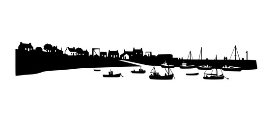 Obraz premium Black silhouette of a coastal village harbor with boats