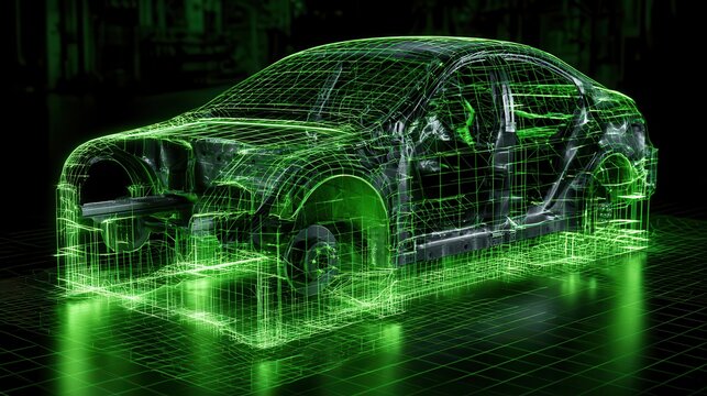 Advanced quality control laser scanning a freshly assembled vehicle chassis, casting a glowing green laser grid to map the metallic surface for precision inspection.