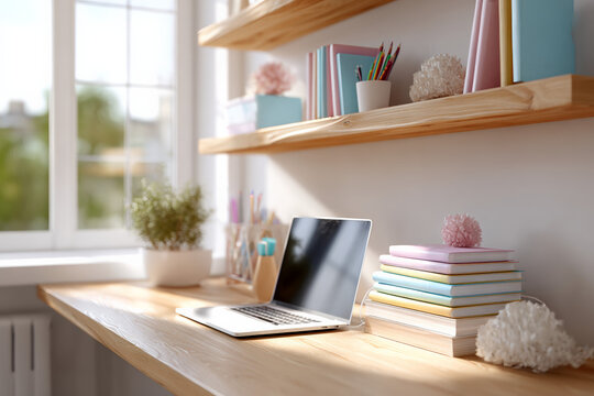 Home study workspace with laptop and stacked books on wooden desk