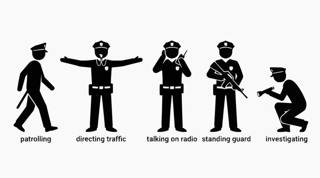 Set of police officer icons representing different duties for the concept of law enforcement and security.