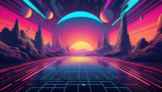 immerse yourself retro sci fi evoking futuristic landscape reminiscent s digital cyber surface ideally suited designs embracing aesthetic s featuring captivating kaleidoscope pattern perfect