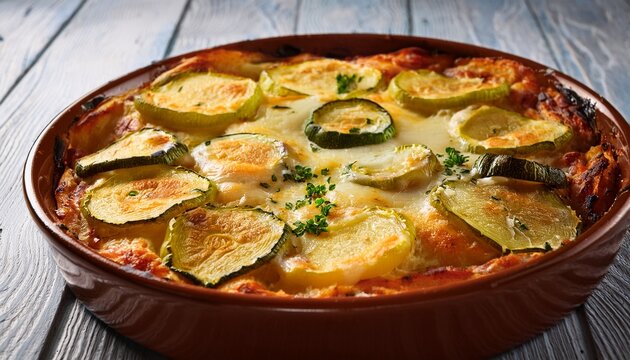close up of a freshly baked parmigiana bianca with zucchine and patate