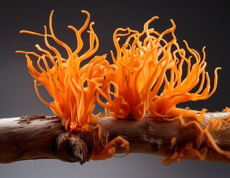 cordyceps sinensis on branch a striking image showcasing the vibrant orange cordyceps sinensis fungus growing on a twig its unique intricate structure is highlighted against a clean background