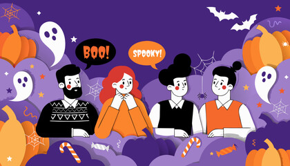 Naklejka premium Flat Vector Illustration of Friends Celebrating Halloween, Cute Character Design with Pumpkins, Ghosts, Speech Bubbles and Candies on Layered Purple Background.