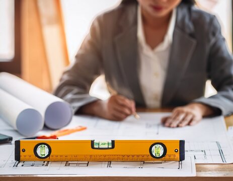spirit level on blueprint with architect working in blurred background