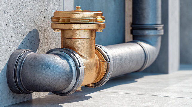 Industrial metal pipe section with brass valve connector and wall mount